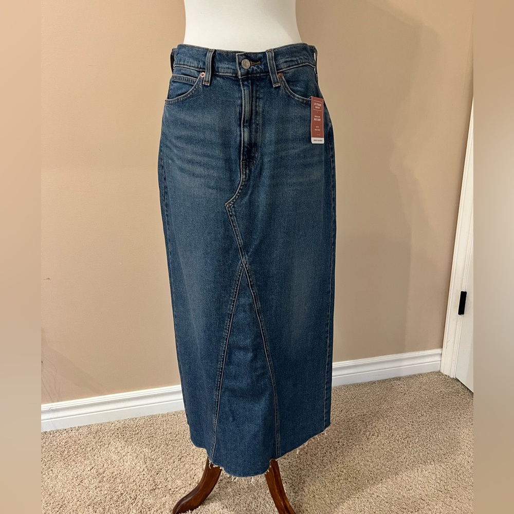 Levi Strauss Denim Maxi Skirt Size 10 Mid Rise Comfort Stretch Raw Hem (19)